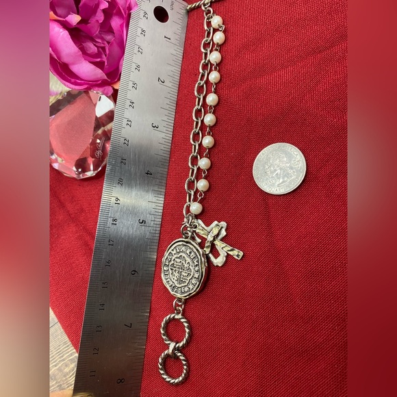 SoldVintage 80s Silver Tone Faux Pearl Cross And Medal Bracelet - Picture 4 of 4